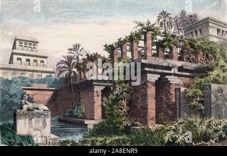 Historia Antigua. Las Siete maravillas del mundo antiguo. Jardines colgantes de Babilonia construídos en el siglo VI ac durante el reinado de Nabudonosor II. La gravure en alemán de 1886. Banque D'Images