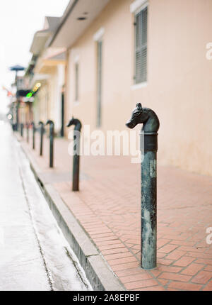 Cheval tête de Ballard posts line le trottoir dans l'ancien quartier français, la Nouvelle Orléans, Louisiane Banque D'Images