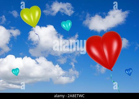 Bunte Herzluftballons vor blauen Himmel, Herzform, Luftballon, gelb, rot, rose, Blau, Wolken, Cumulus Banque D'Images