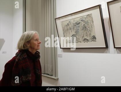 Bruxelles, Belgique. Nov 7, 2019. Un visiteur consulte peintre chinois Liu Haisu's art travaille à Bruxelles, Belgique, 7 novembre 2019. Une exposition du célèbre peintre chinois Liu Haisu's art works s'est tenue au Centre culturel chinois ici jeudi. L'exposition intitulée 'Le maître et ses dix pèlerinages à Huangshan" en vedette les œuvres de Liu de quinze. Credit : Pan Geping/Xinhua/Alamy Live News Banque D'Images