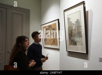 Bruxelles, Belgique. Nov 7, 2019. Les visiteurs chinois voir Liu Haisu art du peintre travaille à Bruxelles, Belgique, 7 novembre 2019. Une exposition du célèbre peintre chinois Liu Haisu's art works s'est tenue au Centre culturel chinois ici jeudi. L'exposition intitulée 'Le maître et ses dix pèlerinages à Huangshan" en vedette les œuvres de Liu de quinze. Credit : Pan Geping/Xinhua/Alamy Live News Banque D'Images