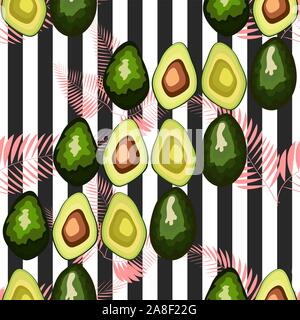 Profil de transparente avocat avec feuilles de palmier dypsis lutescens sur un fond rayé. Illustration de Vecteur