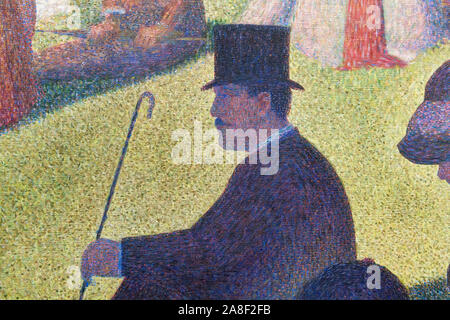 Détail de la peinture 'Un dimanche à la Grande Jatte' par Georges Seurat montrant la technique pointilliste. Banque D'Images