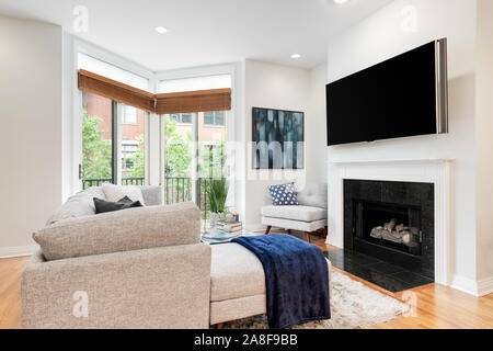 Un luxueux condo au centre-ville de Chicago, avec une belle salle de séjour c'est décorée avec une touche moderne mais confortable. Banque D'Images