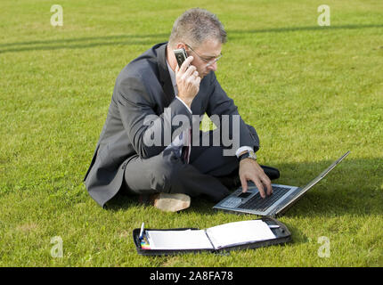 Geschäftsmann sitzt auf einer Wiese, telefoniert, ordinateur portable, ordinateur, MR:Oui Banque D'Images