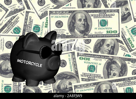Schwarzes Sparschwein, Sparen, Vorsorge, Aufdruck : Moto, Benzingeld, steigende Benzinpreise, Motorrad, Motorradkasse, 100 DOLLAR NOTEN, US-DOLL Banque D'Images