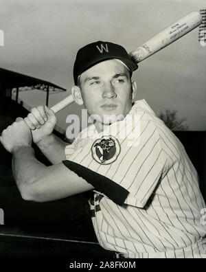 Vintage photo en noir et blanc d'un jeune Harmon Killebrew avec les sénateurs de Washington de la ligue américaine vers 1950. Banque D'Images