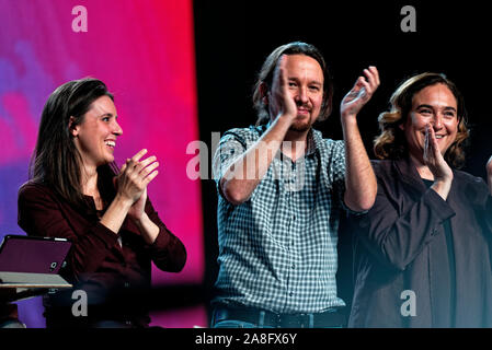 L'IFEMA, Madrid, Espagne. Le 08 novembre, 2019. L À R Irene Montero, porte-parole de Unidas Podemos au Congrès des Députés et candidats pour Madrid, Pablo Iglesias, secrétaire général du Podemos et candidat de Unidas Podemos pour la Présidence du Gouvernement, Ada Colau, maire de Barcelone, au dernier événement de Unidas Podemos partie avant la clôture de la campagne pour les élections générales en Espagne. Credit : EnriquePSans/Alamy Live News Banque D'Images