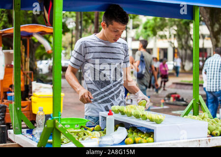 CALI, COLOMBIE - Octobre 2019 : vendeur de rue de fruits tropicaux au Paseo Bolivar Park dans la ville de Cali en Colombie Banque D'Images