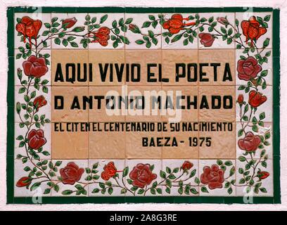 Maison où il a vécu le poète Antonio Machado - tuile, Baeza, Jaen-province, région d'Andalousie, Espagne, Europe. Banque D'Images