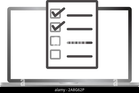 Enquête sur l'ordinateur portable isolé sur fond blanc. formulaire en ligne icône. télévision style. formulaire en ligne pour l'icône de l'enquête sur la structure de votre site web, logo, l'app, l'assurance-chômage. checkbox Illustration de Vecteur