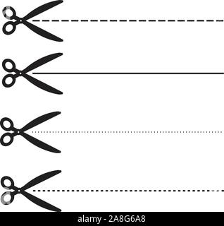 Coupon ucher les lignes tiretées. set ciseaux avec une ligne pointillée. définir les frontières coupon fo signe.. symbole ciseaux de coupe ciseaux noir ligne pointillée. Illustration de Vecteur