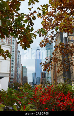 NEW YORK, NY - 05 NOV 2019 : Le World Trade Center encadrée par automne feuillage dans Battery Park. Banque D'Images