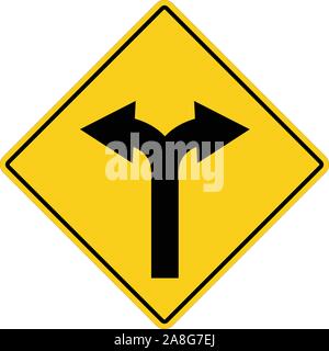 Panneau jaune avec deux flèches. fork road symbole d'avertissement jaune. deux directions sur jaune panneau routier. Illustration de Vecteur