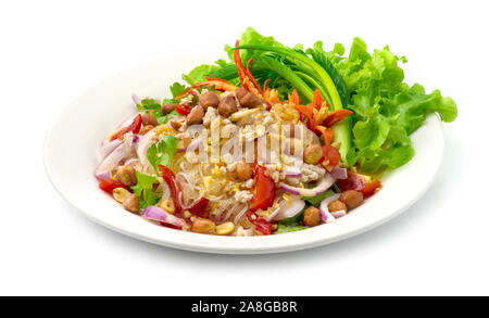 Salade épicée Vermicelle avec hachis de porc, de légumes,saupoudrer d'Arachide épicée chaude style fusion savoureuse nourriture thaïe décorer concombre sculpté, chili pepp Banque D'Images