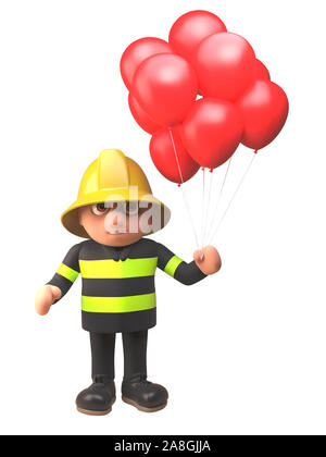 3d Cartoon pompier dans firemans uniforme avec des ballons rouges, illustration 3D render Banque D'Images