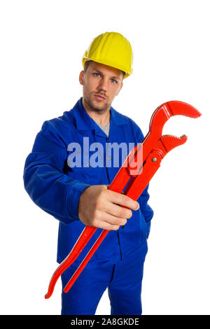 Ein Arbeiter in einem ( Gewerbebetrieb Handwerker ) mit Werkzeug in der Hand, Rohrzange, 30, 35, ans, MR:Oui Banque D'Images