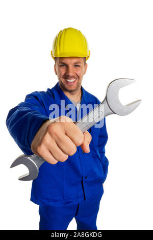 Ein Arbeiter in einem ( Gewerbebetrieb Handwerker ) mit Werkzeug in der Hand, Schraubenschlüssel, 30, 35, ans, M. : Oui Banque D'Images