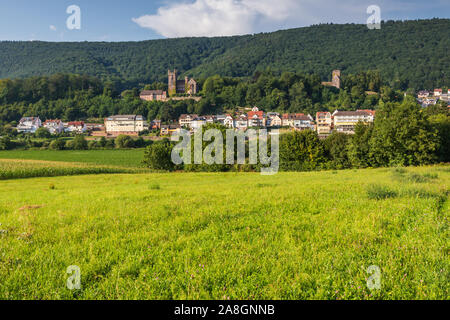 Vue sur la ville de Neckarsteinach, vallée de Neckar, Hesse, Allemagne Banque D'Images