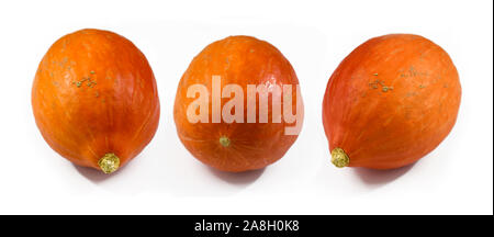 Autre angle de vue des 'Ronde' Red Kuri squash, appelés également "Hokkaido" squash, un rond orange collection automne de légumes avec une peau épaisse isolé sur bac blanc Banque D'Images