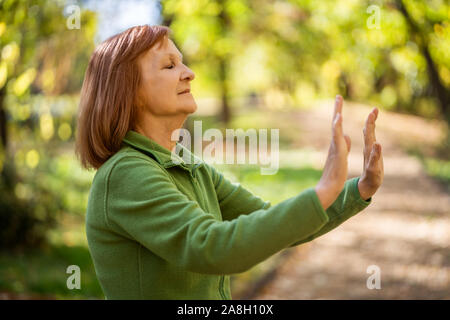 Senior woman est l'exercice pratique du Tai Chi dans le parc. Banque D'Images