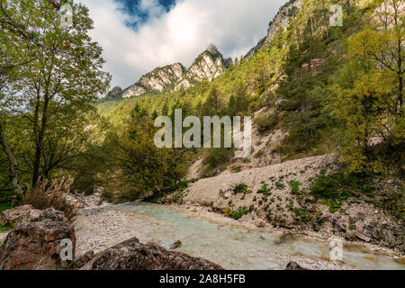 Belle vue de l'automne de l'Tschaminbach ruisseau de montagne près du parc naturel du Sciliar dans Weisslahnbad musée Rosengarten près de niveaux, Italie Banque D'Images