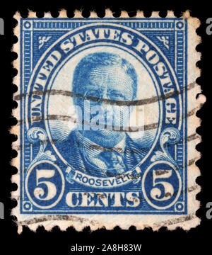 Stamp imprimé aux États-Unis montre de droit du Président Theodore Roosvelt, vers 1905 Banque D'Images