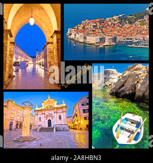 Carte postale de Dubrovnik avec repères de collage étiquette, célèbre destination touristique en Dalmatie, Croatie Banque D'Images