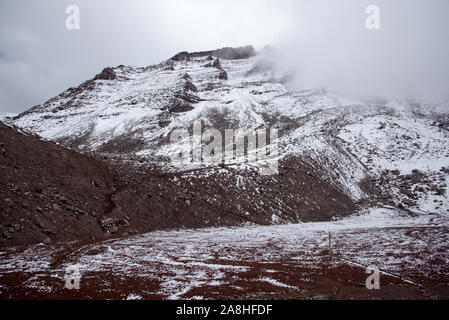 Condor Laguna Cocha à 5100 mètres à l'ouest de la route de la crête de 6263 mètres de haut, recouverte de glace volcan Chimborazo en Équateur. Banque D'Images