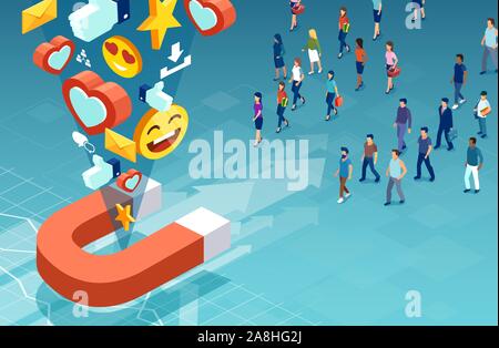 Social Media marketing concept et le public cible. Les clients de vecteur isométrique les hommes et les femmes faisant leur choix de produit Illustration de Vecteur