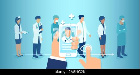 Vecteur d'un patient à l'aide d'une app sur son smartphone santé le choix d'un médecin et l'équipe médicale professionnelle pour prendre un rendez-vous ou recevoir un programm Illustration de Vecteur