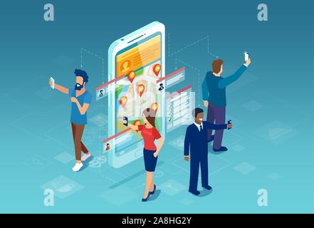 Social media app concept. Vecteur de personnes membres de la communauté en ligne partager l'emplacement, les check in, ayant chat sur smartphone app Illustration de Vecteur