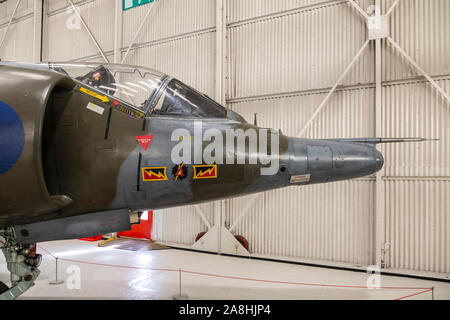 Hawker Harrier sur l'affichage en musée de la RAF à Cosford, après avoir vu pendant la guerre des Malouines Banque D'Images