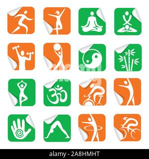 Autocollants avec yoga spa icônes remise en forme . Ensemble d'autocollants carrés colorés avec fitness, yoga, spa d'icônes. Vector illustration. Illustration de Vecteur
