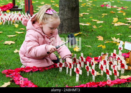 09 novembre 2019, Glasgow, Ecosse, Royaume-Uni. GRACE EVERETT (de 3) à partir de Glasgow s'occupe de la Légion Britannique Jardin du souvenir à George Square, Glasgow à quitter coquelicots sur petite croix en bois en souvenir de son arrière-grand-père 'CHARLES EVERETT' qui a servi dans la RAF, son grand-père ROBERT 'pierre' qui a servi avec les Royal Engineers et le Camerounais et son oncle Alex 'pierre' qui a servi avec le Royal Highland Fusiliers. Findlay crédit/ Alamy News Banque D'Images