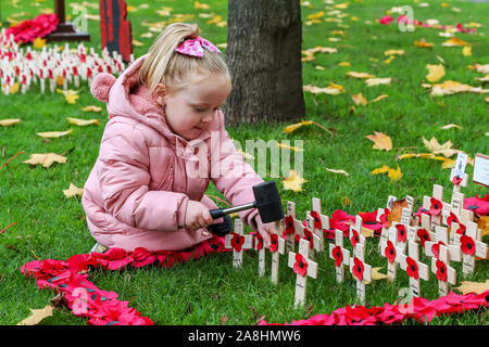 09 novembre 2019, Glasgow, Ecosse, Royaume-Uni. GRACE EVERETT (de 3) à partir de Glasgow s'occupe de la Légion Britannique Jardin du souvenir à George Square, Glasgow à quitter coquelicots sur petite croix en bois en souvenir de son arrière-grand-père 'CHARLES EVERETT' qui a servi dans la RAF, son grand-père ROBERT 'pierre' qui a servi avec les Royal Engineers et le Camerounais et son oncle Alex 'pierre' qui a servi avec le Royal Highland Fusiliers. Findlay crédit/ Alamy News Banque D'Images