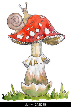 L'Amanita, toxiques, de champignons illustration aquarelle dessiné à la main sur fond blanc Banque D'Images