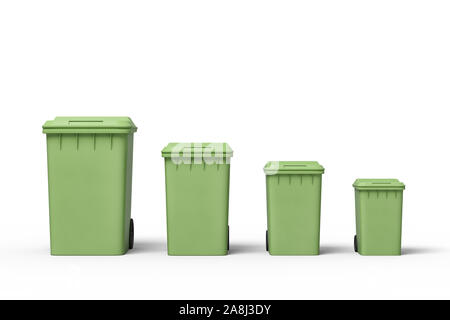 Le rendu 3D de quatre poubelles vert dans une rangée en fonction de la taille de la plus grande à la plus petite. Banque D'Images