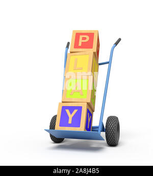 Le rendu 3D de l'alphabet coloré toy blocks montrant 'Jouer' signe sur un camion de main Banque D'Images