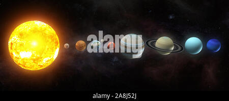 Solar system planets set. The Sun and planets in a row on universe stars background.Elements of this image furnished by NASA. 3d illustration Banque D'Images