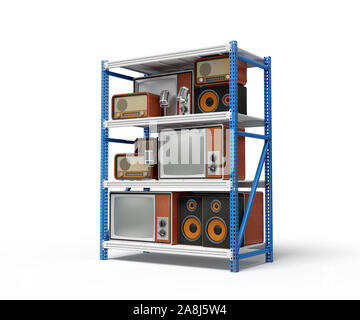 Le rendu 3D de vieux rétro radio et de téléviseurs sur silver blue metal tablettes rack Banque D'Images
