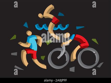 La conception 3D ATHLÈTES Triathlon stylisée. 3D design trois athlètes stylisé symbolisant le triathlon, la natation, la course et le vélo sur fond noir. Illustration de Vecteur