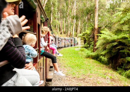 Melbourne, Australie - le 7 janvier 2009 : Puffing Billy Steam Train avec passagers. Dans le chemin de fer étroit historique de Dandenong près de Melbourne. Banque D'Images