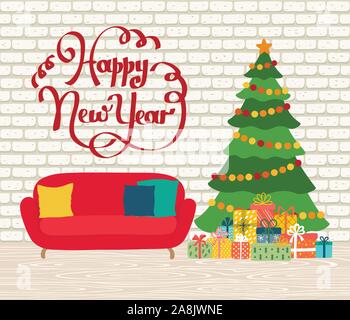 Chambre de Noël pour l'intérieur. Arbre de Noël, cadeaux, décoration, canapé. Noel confortable nuit de Noël célébration de l'intérieur. Bonne année carte de vœux. Illustration de Vecteur