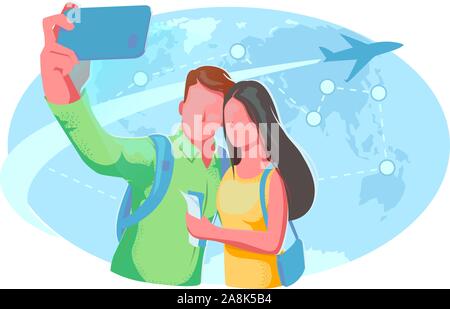 Autour de monde télévision illustration. Vol voyage selfies couple carte carte du monde. Voyage Romantique, vacances, maison de vacances concept. Voyage de noces la bannière de l'avion. Agence de voyages poster isolé sur fond blanc Illustration de Vecteur