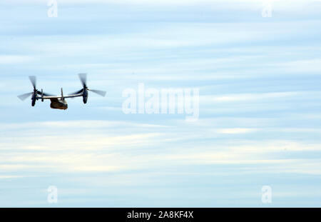 Un CV-22 Osprey de Cannon Air Force Base, Nouveau Mexique, enlève à la Sheppard AFB, Texas, 20 février 2019. Le CV-22 Osprey est un avion à rotors basculants qui combine, à décollage vertical hover et atterrissage vertical qualités d'un hélicoptère avec la longue portée, l'exfiltration d'infiltration et de réapprovisionnement pour les missions d'opérations spéciales. (U.S. Air Force photo par Airman Madeleine E. Remillard) Banque D'Images