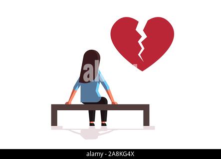 Malheureuse femme triste dans la dépression après avoir problème relationnel crise de la vie briser concept divorce fille avec cœur brisé assis banc en bois pleine longueur plate illustration vectorielle horizontale Illustration de Vecteur