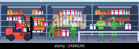 La conduite du père noël lutins colorés chariot élévateur de chargement cadeaux boîtes présentes sur la bande de joyeux noël happy new year celebration concept entrepôt moderne horizontal intérieur vector illustration Illustration de Vecteur