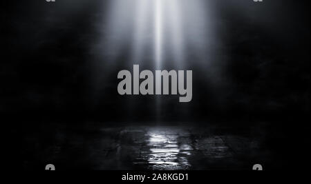 Le Rendu 3D abstract background scène de rue vide avec projecteurs lumière. Résumé Vue de la nuit de la lumière réfléchie de la rue sur l'eau. Rayons à travers la fo Banque D'Images