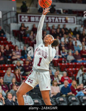 Starkville, MS, États-Unis d'Amérique. 09Th Nov, 2019. La garde de l'État du Mississippi, Myah Taylor (1), va dans pour le désarmement, au cours de la Basket-ball match entre l'Université de Southern Mississippi l'Aigle royal et le Mississippi State Bulldogs à Humphrey Coliseum de STARKVILLE, MS. Kevin Langley/Sports médias du Sud/CSM/Alamy Live News Banque D'Images
